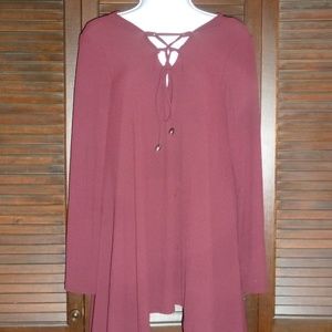 Dark Burgundy Tunic Top, Tie Front, Long Sleeve, M